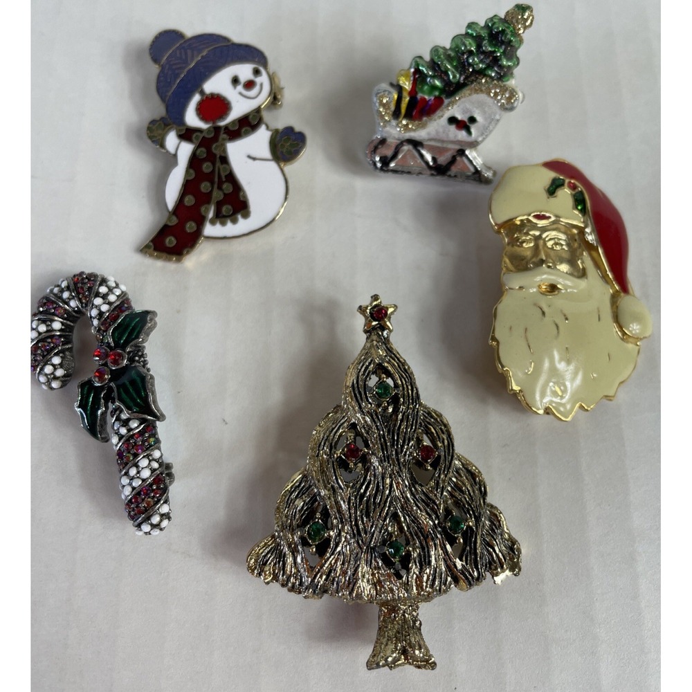 Vintage Christmas Pins Brooches Enameled Jeweled Centenna Silver Gold Tone Lot